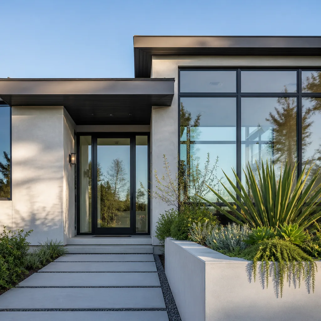 Modern home exterior with a newly installed contemporary glass front door.