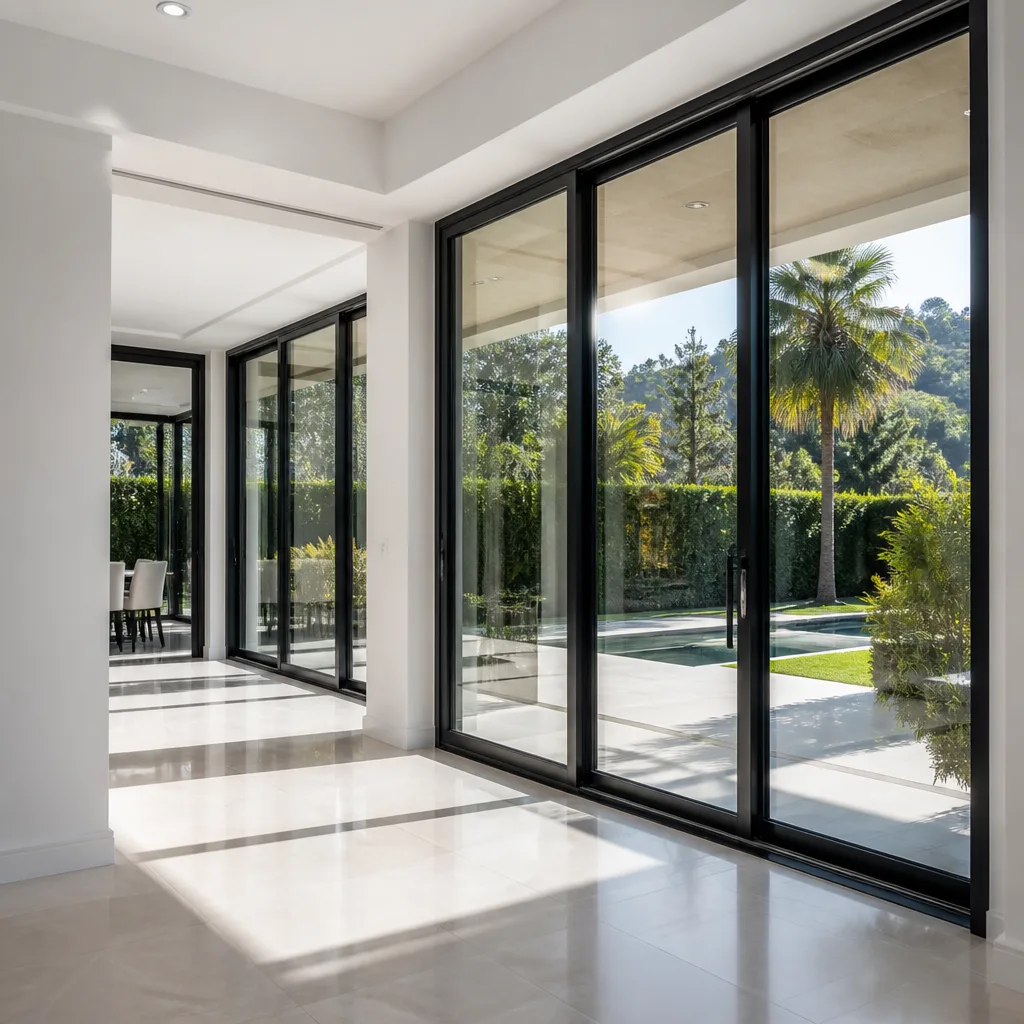 Modern floor-to-ceiling sliding glass doors installed in a bright home interior
