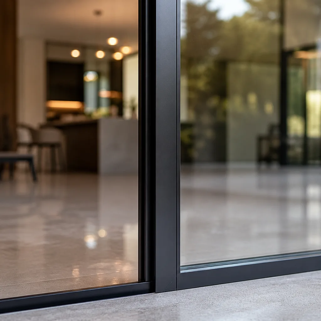 Modern black sliding glass door with a minimalist frame