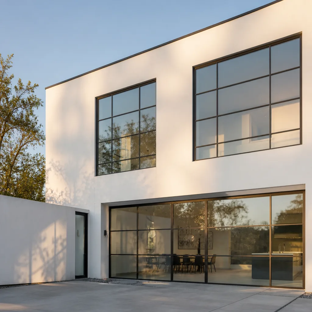 Modern building exterior with large black framed window and door installation