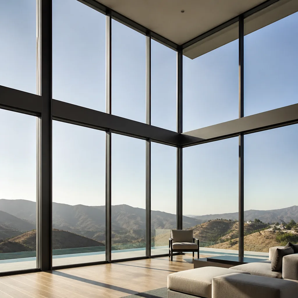 Modern floor-to-ceiling panoramic window installation in a contemporary luxury living room