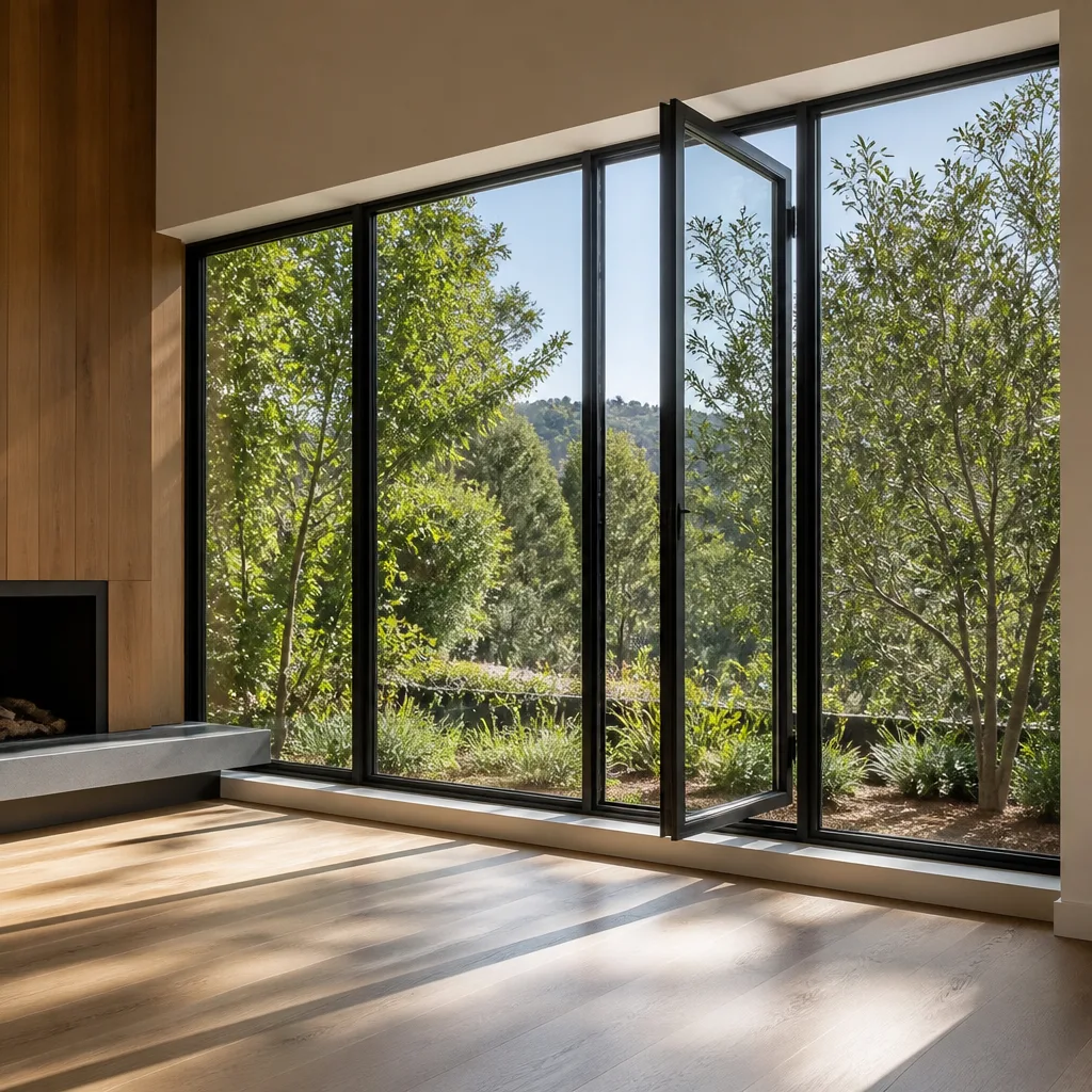 Modern interior room with professionally installed large black frame casement windows