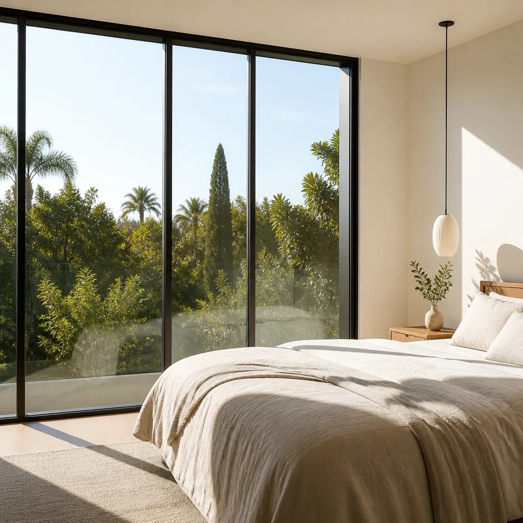 Modern bedroom with large floor-to-ceiling glass windows and tranquil garden views