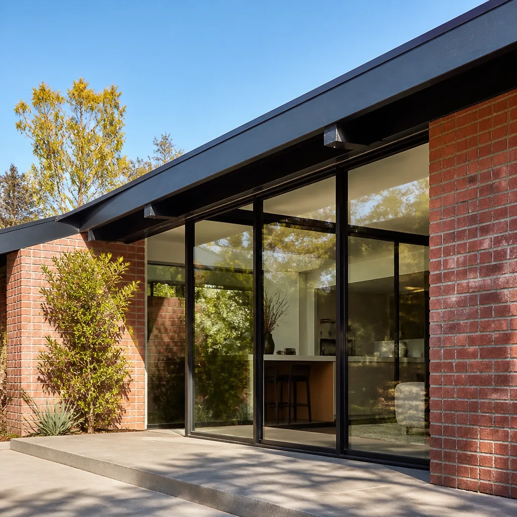 Modern sliding glass door installation on a red brick home exterior