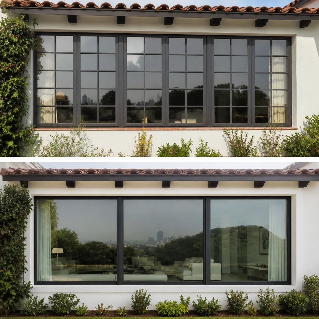 Comparison of traditional multi-pane windows and modern minimalist window replacement